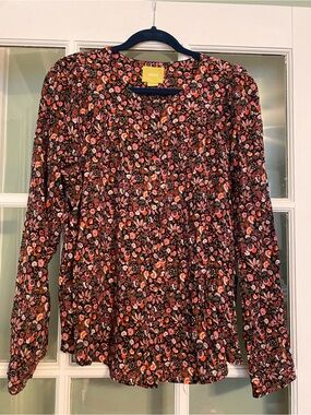 Maeve Black Floral V-Neck Blouse with Pink & Orange Blooms